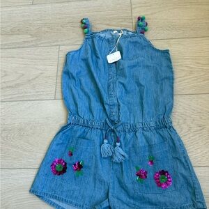 SFERA Denim Blue Girls' Embroidered Romper with Pom-Straps NWT Size 11/12